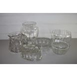 GLASS WARES, JUGS, VASE, JELLY MOULD ETC