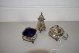 SMALL PLATED CONDIMENT SET WITH BLUE GLASS LINERS