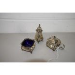 SMALL PLATED CONDIMENT SET WITH BLUE GLASS LINERS