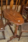 VICTORIAN OCCASIONAL TABLE WITH CARVED DETAIL AND TURNED STRETCHER, APPROX 83 X 47CM