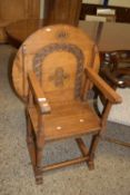 JOINTED OAK CHAIR WITH FOLDING TABLE TOP WITH CARVED DECORATION, TABLE TOP APPROX 68CM DIAM