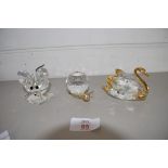 THREE GLASS MODELS OF A SWAN, A MOUSE ETC