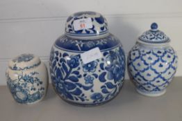 THREE BLUE AND WHITE POTTERY JARS