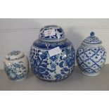 THREE BLUE AND WHITE POTTERY JARS