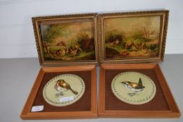 TWO BIRD COASTERS IN WOODEN FRAMES AND PRINTS OF CHICKENS