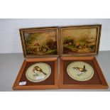 TWO BIRD COASTERS IN WOODEN FRAMES AND PRINTS OF CHICKENS