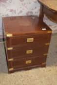 BRASS BOUND MODERN EASTERN HARDWOOD CHEST OF THREE DRAWERS WITH STRUNG DECORATION AND CARVED MOTIF