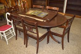 REPRODUCTION MAHOGANY EFFECT D-END EXTENDING DINING TABLE WITH INLAID DECORATION TOGETHER WITH A SET