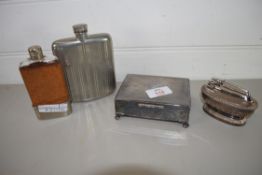 TWO HIP FLASKS, SMALL PLATED TRAY