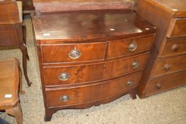 19TH CENTURY BOW FRONT MAHOGANY CHEST OF TWO SHORT OVER TWO LONG DRAWERS WITH STRUNG AND CROSS