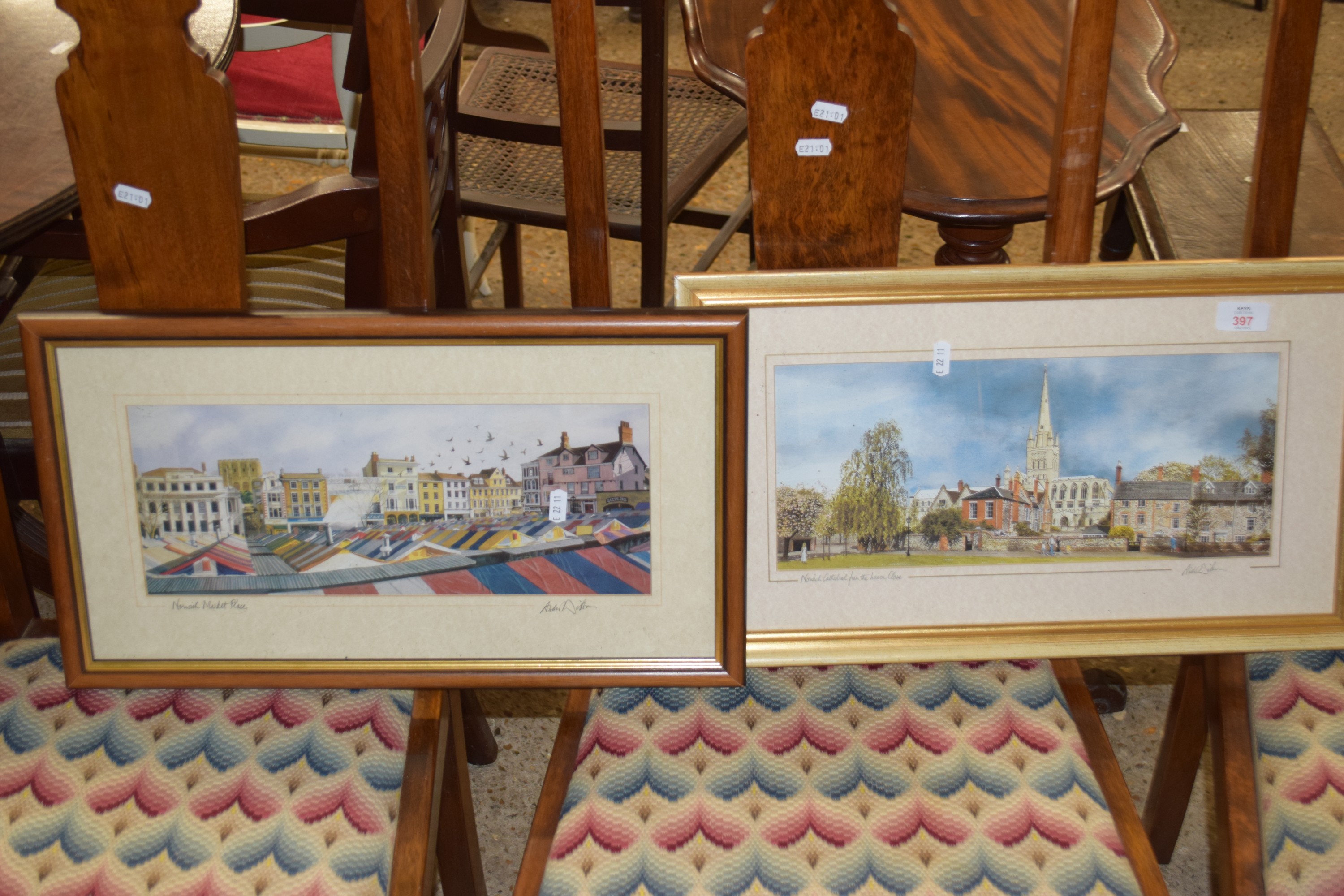 PAIR OF FRAMED NORWICH SCENE PRINTS, MARKET AND CATHEDRAL, EACH FRAME SIZE APPROX 52CM WIDE