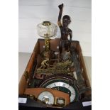 BOX CONTAINING METAL WARES, OIL LAMP WITH GLASS SHADE, MANTEL CLOCK, BAROMETER ETC