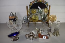 GLASS WARES INCLUDING FIVE LONG STEMMED PEARLISED COLOURED WINE GOBLETS