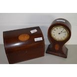 WOODEN WRITING RACK WITH SHELL INLAY TOGETHER WITH A SMALL MANTEL CLOCK WITH SIMILAR DECORATION