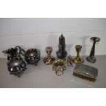 TRAY CONTAINING PLATED WARES, CANDLESTICKS, HAIR BRUSH, SUGAR SIFTER ETC