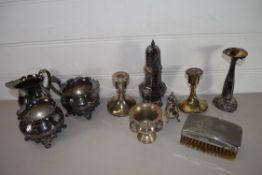 TRAY CONTAINING PLATED WARES, CANDLESTICKS, HAIR BRUSH, SUGAR SIFTER ETC