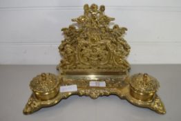 BRASS DESK SET, LETTER RACK AND TWO INK WELLS