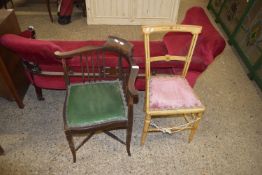 INLAID MAHOGANY CORNER CHAIR TOGETHER WITH A FURTHER UPHOLSTERED CHAIR