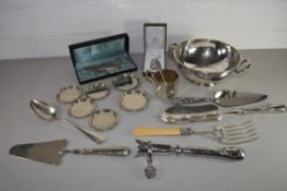 TRAY CONTAINING SILVER PLATED BOWL, FLATWARES ETC