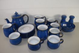 BLUE GROUND DENBY WARES, COFFEE POT AND VARIOUS MUGS AND JUGS