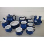 BLUE GROUND DENBY WARES, COFFEE POT AND VARIOUS MUGS AND JUGS