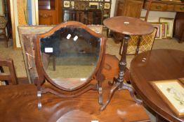 MAHOGANY FRAMED SHIELD SHAPED TOILET MIRROR, TOGETHER WITH A SMALL WINE TABLE