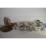 TRAY CONTAINING SILVER PLATED WARES, PAIR OF CANDLESTICKS, GRAVY BOATS ETC