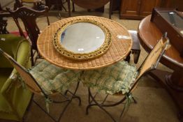 METAL FRAMED RATTAN TABLE AND CHAIR SET, TABLE APPROX 79CM DIAM