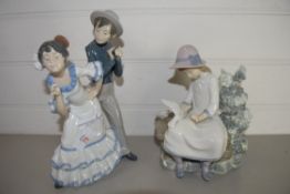 LLADRO FIGURE OF A BOY AND A GIRL, TOGETHER WITH FURTHER FIGURE OF YOUNG GIRL ON A BENCH