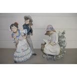 LLADRO FIGURE OF A BOY AND A GIRL, TOGETHER WITH FURTHER FIGURE OF YOUNG GIRL ON A BENCH