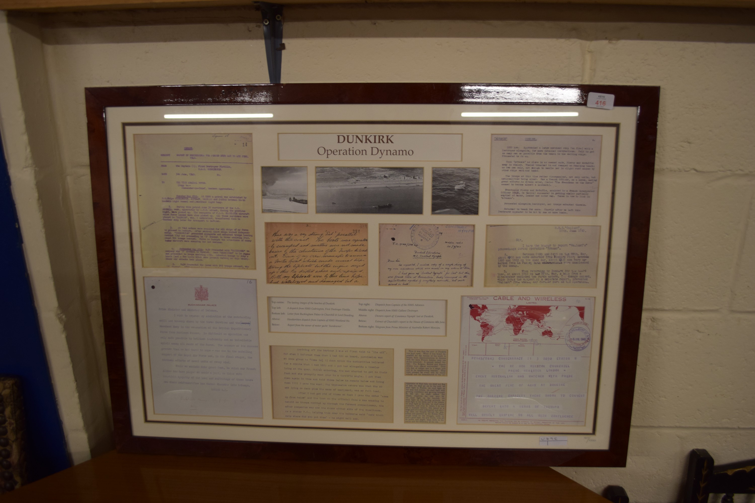 FRAMED REPRODUCTION OF EPHEMERA RELATING TO OPERATION DYNAMO DUNKIRK, FRAME SIZE APPROX 86CM,