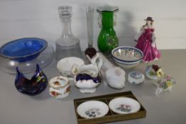 BOX CONTAINING CERAMICS, FIGURE VASES, TWO GLASS DECANTERS ETC