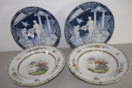 PAIR OF PLATES WITH PATE SUR PATE STYLE DECORATION PLUS OTHER DISHES AND TOILET HOLDER