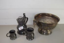 PEWTER JUGS AND PLATED BOWL