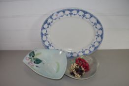 LARGE BLUE AND WHITE SERVING DISH, OTHER POTTERY DISHES