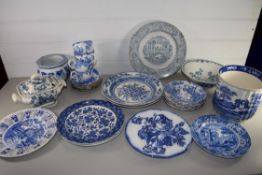 TRAY CONTAINING BLUE AND WHITE CERAMICS INCLUDING FOUR ROYAL CROWN DERBY CUPS AND SAUCERS AND SIDE