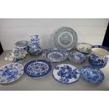 TRAY CONTAINING BLUE AND WHITE CERAMICS INCLUDING FOUR ROYAL CROWN DERBY CUPS AND SAUCERS AND SIDE