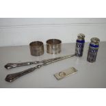 SMALL PLASTIC BAG CONTAINING SILVER METAL TONGS, TWO NAPKIN RINGS ETC