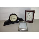 TWO MANTEL CLOCKS AND BAROMETER TOGETHER WITH A THERMOMETER AND HYGROMETER IN METAL CASE