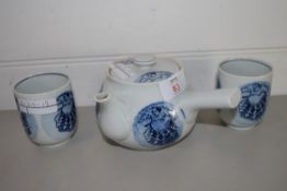 ORIENTAL TEA POT AND TWO BEAKERS