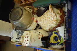 BOX OF KITCHEN CERAMICS, BISCUIT BARREL, HEN TUREEN AND COVER