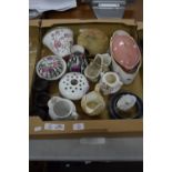 BOX OF CERAMICS, VASES, BOWLS AND COVERS ETC AND SAUCEPANS