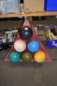 WOODEN TRAY CONTAINING PAINTED WOODEN BALLS