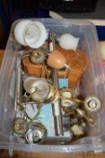 PLASTIC BOX OF LIGHT FITTINGS, SMALL WOODEN JEWELLERY BOX ETC