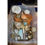 PLASTIC BOX OF LIGHT FITTINGS, SMALL WOODEN JEWELLERY BOX ETC