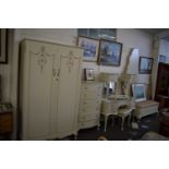 WHITE PAINTED WARDROBE AND DRESSING SET INCLUDING DRESSING TABLE, TWO SMALL BEDSIDE TABLES, CHEST OF