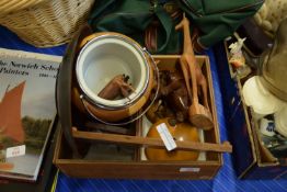 WOODEN BOX CONTAINING TREEN ITEMS, WOODEN BISCUIT BARREL ETC