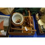 WOODEN BOX CONTAINING TREEN ITEMS, WOODEN BISCUIT BARREL ETC