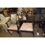 PAIR OF BLACK PAINTED DINING CHAIRS WITH UPHOLSTERED SEATS