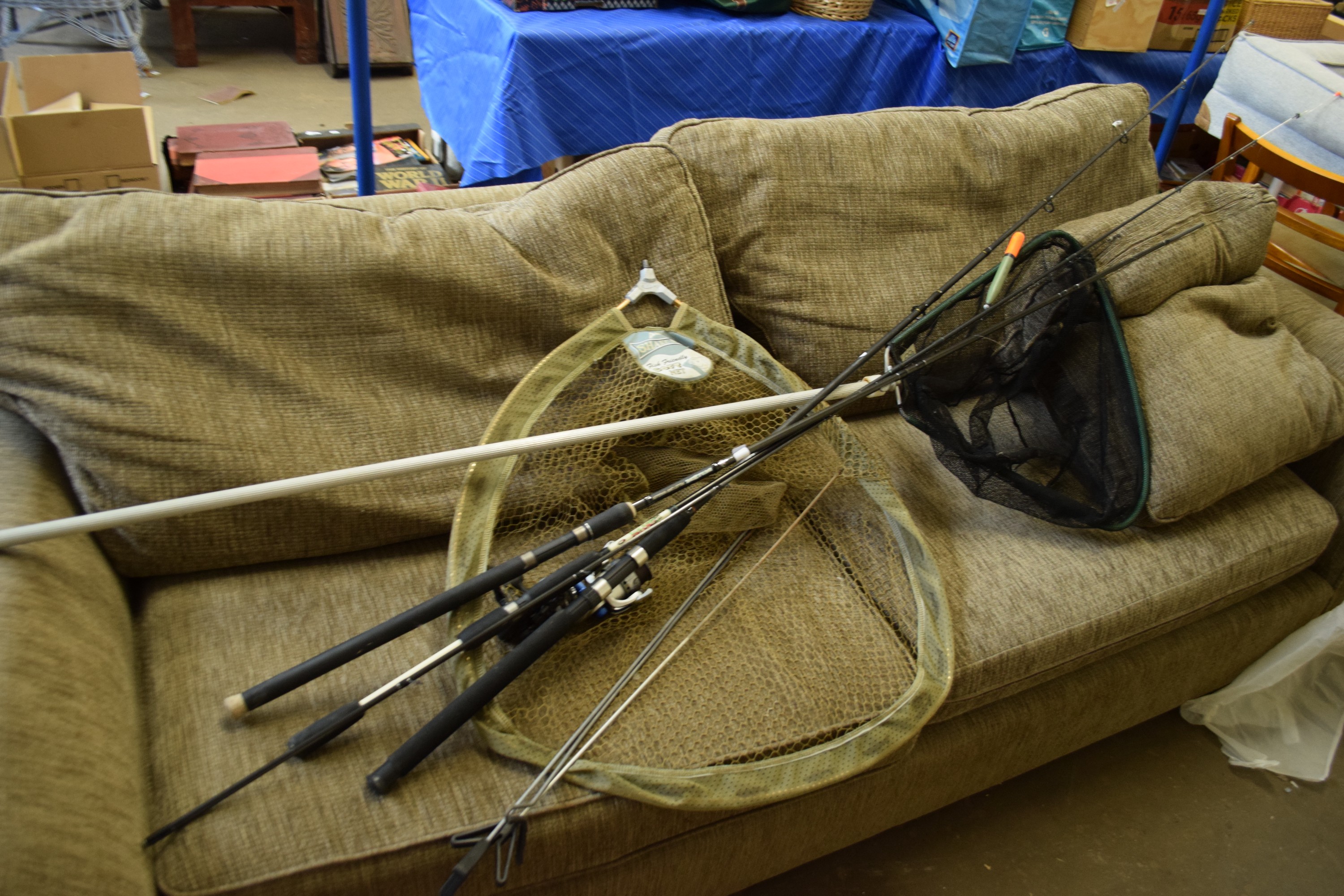 SET OF VARIOUS FISHING RODS AND NETS INCLUDING CARP STALKER